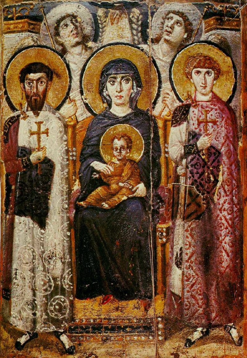 Icon of the Enthroned Virgin and Child with Saints and Angels ( 6th Century )